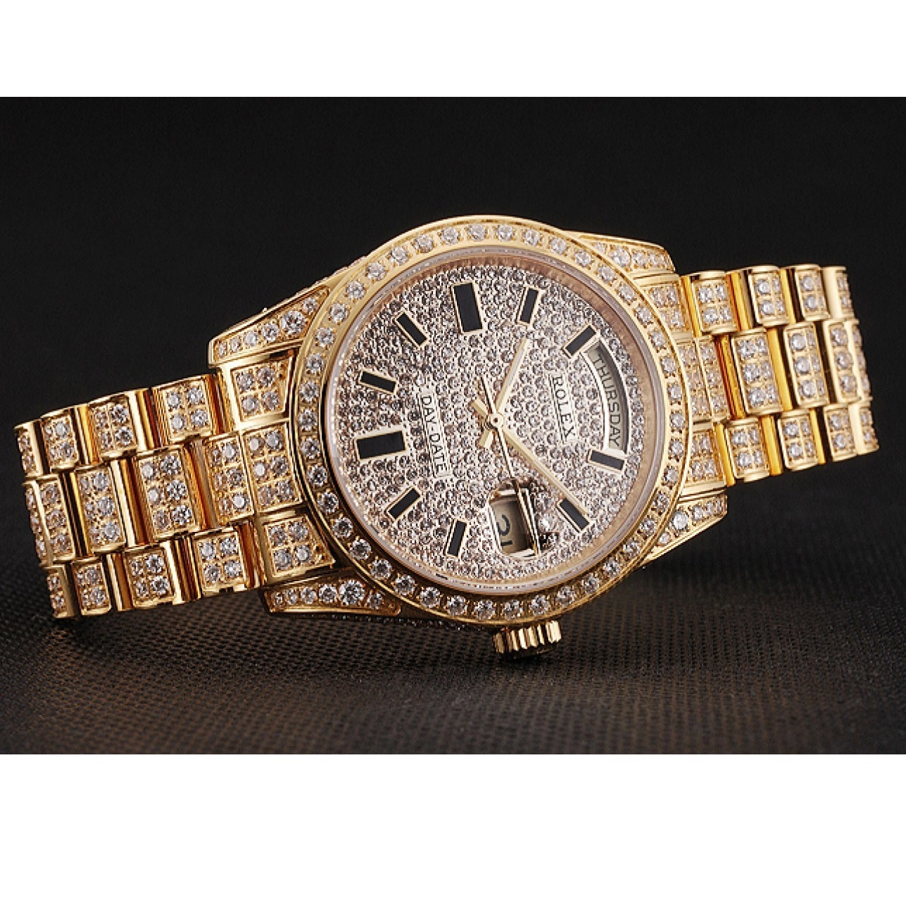 Aaa replica watch Full Day Rolex Date Gold Pave Swiss Yellow Diamond 0816